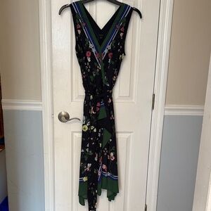 Ann Taylor Sleeveless Navy Blue Floral V-Neck Wrap Dress with Green Trim